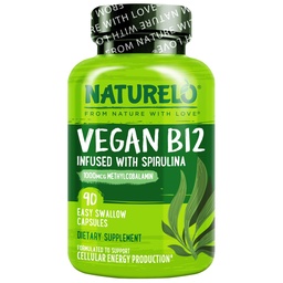 NATLO Vegan B12 - Organik Spirulina ile Metrik B12 - Yüksek Potency Vitamin B12 1000 mcg Torchcobalamin - Sağlıklı Mood, Enerji, Kalp ve Göz Sağlığı - 90 Capsules