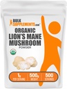 BulkSupplements.com Organic Lions Mane Mushroom Powder - Lions Mane Powder, Mushroom Supplement - Vegan & Gluten Free, 1g per Serving, 500g (1.1 lbs) (Pack of 1)