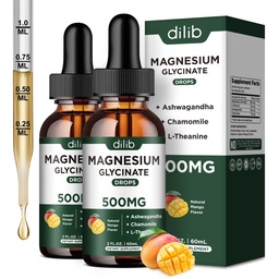 Magnesium Glycinate Liquid Drops Supplement, with Magnesium Glycinate 500mg Ashwagandha, L - Theanine, Chamomile -Support Stress Relief, Bone, Muscle, Mood Mango Flavor 2Pack