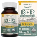 Organic Plant D3 + K2 | 10000 IU D3 + 120 mcg K2 as All-Trans MK7 from MenaQ7® - 100% Whole Food, Raw & Vegan | Enhanced Digestion with Prebiotic & Superfood Complex – D3 from Organic Algae (60 Count)