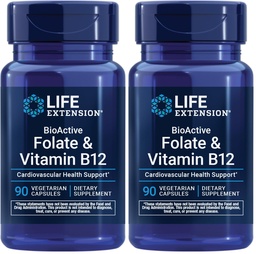 Life Extension BioActive Folate & Vitamin B12,Promotes Heart,Brain & GI Tract Health,Non-GMO,Gluten-Free,Vegetarian,90 Capsules,(Pack of 2)