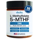 Vocks L Mefolate 15 mg 5MTHF + Mesel B12 | Yüksek Potency Mefolate Tamam | Active Meed Folate Vitamin B9 | MTHFR Supplement|Kadın ve Erkekler için Tamam | 90 Capsules
