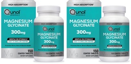 Qunol Magnesium Glycinate 300mg,100% Glycinate Chelated Magnesium Supplement,150ct Tablets,(Pack of 2)