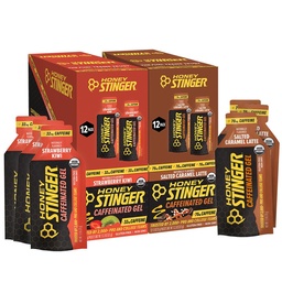 Honey Stinger Caffeinated Organic Energy Gel Variety Pack of 24, 12 Packs Each of Salted Caramel Latte & Strawberry Kiwi, Caffeinated & Gluten Free, for All Exercises, Sports Nutrition for Home & Gym