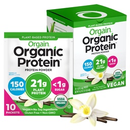 Orgain Organic Vegan protein Toz, Vanilla Bean - 21g Plant proteini, 5g Prebiyotik Fiber, Low Carb, No Lactose Malzemeler, No add Sugar, Non-GMO, For Shakes & Smoothies, 10 Travel Packs