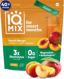 IQMIX Hydration Electrolyte Powder – 4-in-1 Formula for Hydration, Mental Clarity, Mood and Recovery – Sugar-Free Drink Mix, Keto, Magnesium L-Threonate, Lion’s Mane – 40 Count Peach Mango