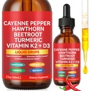 Cayenne Pepper Drops, 60ml Cayenne Pepper Supplement for Digestion, Circulatory Heath Support, Boosts Metabolism, with Hawthorn, Vitamin K2 D3 Beet Root, Turmeric-2 Fl Oz