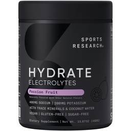 Sports Research® Hydrate Electrolytes Toz - Sugar-Free & Natural Flavored with Vitamins, Minerals, and Coconut Water - Supports Hydration - Passion Fruit - 90 Hizmetler