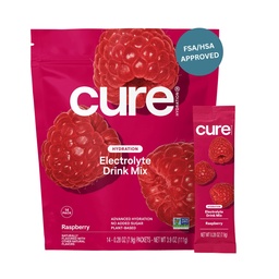 Cure Hydration - Electrolyte Drink Powder Raspberry 14 Packets | Plant-Based Dehydration Relief Mix Made with Coconut Water, No Added Sugar, Vegan, Non-GMO, Gluten Free, FSA-HSA Eligible