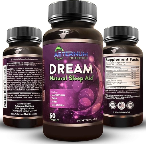 Yetişkinler için Rüya Doğal Uyku Tamamı - Rahatlamak Uyku, Uyandırdı - Kişiden Ücretsiz, Karbs - Melatonin, Magnezyum, 5HTP, L-Theanine, GABA- Non-GMO 60 Uyku Pills