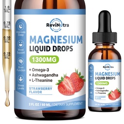 Triple Complex Liquid Drops, 1300 mg Glycinate, Taurate & Citrate with Omega3, L-Theanine, Ashwagandha, Pyum, D3, B6, B12 for Calm, Sleep, Muscle, Strawberry Flavor, 2 Fl OZ