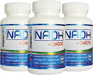 MAAC10 NADH + CoQ10 Chewable Tabletler (3-Pack - 180 Tabletler) | 50 mg panMOL® NADH + 100 mg CoQ10 Destekler Fatigue, Enerji ve NAD+, Non-GMO, Gluten Free, Vegetarian (3 ay Supply)