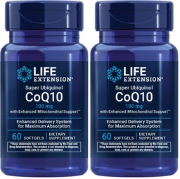 Life Extension Super Ubiquinol CoQ10 gelişmiş Mitochondrial Support, Potent Heart Health & Cellular Energy Production Support, Rain-absorbable,Gluten-Free,Non-GMO, 100 mg, 60 softgels (Pack of 2)