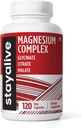 STAY ALIVE Triple Magnezyum Kompleksi 500 mg, Chelated Glycinate, Citrate & Malate Toz, Kadınlar ve Erkekler için Yüksek Aborpsiyon Magnezyum, 120 Pills, Non-GMO & Gluten-Free Capsules