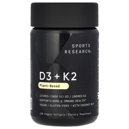 Spor Araştırma Vitamin D3 ile K2 Softgels - Plant Based K2 & Vegan D3 5000iu with Coconut MCT Oil - Vegan sertifikalı, Soy & Gluten Free - 120
