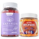 1Pack Saffron Supplement Gummies 100% Pure Saffron Extract Whole Herb Gummies + 2P Vegan Iron Gummies Supplement with Vitamin C, B12, Folate & Turmeric