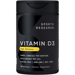 Spor Araştırma Vitamini D3 1000iu (% 25) Tavşan Yağı ile Infüzyon - Immune & Bone Support - Non-GMO Doğrulanmış, Soy & Gluten Free (360 Mini Sıvı Softgels)