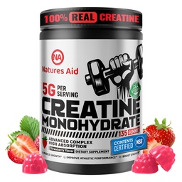 Natures Aid Kretine Monohidrat Gummies (5g) – Erkekler ve Kadınlar için Pre-Workout Enerji ve Kas Büyüme Desteği | Strawberry Electrolyte Gummies (135 Count)