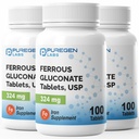 Safgen Laboratuvarları Ferrous Gluconate 324 mg [High Potency] Iron Supplement, Stomach'ta Nazi | 3 Pack - 300 Tablet Toplam Toplam