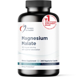 Designs for Health Magnesium Malate - Chelated Magnesium as Di Magnesium Malate - Highly Bioavailable Form to Support Energy, Bone Health + Muscle Recovery (240 Magnesium Malate Capsules)