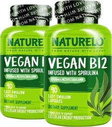 NATLO Vegan B12 - Organik Spirulina ile Metrik B12 - Yüksek Potency B12 1000 mcg Torchcobalamin - Sağlıklı Mood, Enerji, Kalp ve Göz Sağlığı - 90 Capsules (Pack of 2)