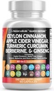 Clean Nutraceuticals Ceylon Cinnamon Capsules + Berberine Turmeric Apple Cider Vinegar Ginseng Bitter Melon Gymnema Milk Thistle Fenugreek Supplement Pills Powder for Men & Women