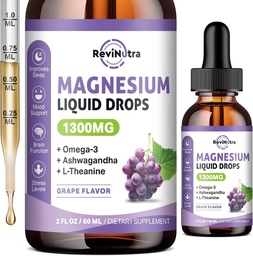 Triple Complex Liquid Drops - 1300 mg Glycinate, Taurate & Citrate with Omega3, L-Theanine, Ashwagandha, P properties - Support Sleep, Nerve, Immune, Energy - Grape Flavor, 2 Fl OZ