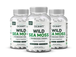 Organik Okyanus Vahşi Deniz Moss Capsules - 100 Organik İrlandalı Deniz Moss Organik Klorella, Enerji Için Suçlama ve Vitamin D, Lung Health ve Yourroid Support for Women and Men - 3 Şişes
