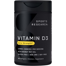 Sports Research® Vitamin D3 w/Coconut MCT Oil - Yüksek Potency Vitamin D3 5000iu (125mcg) Immune & Bone Support - Seed Oil Free - Non-GMO - Gluten Free (360 Liquid Softgels)