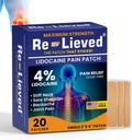 Re-Lieved 4% Lidocaine Patches Maximum Strength - Aluminum-Free, Water Resistant and USA Made -Superior Sticking Pain Relief Patches Quickly Relieves Back, Joints and Muscle Pain-3x6 Inches (20 Count)