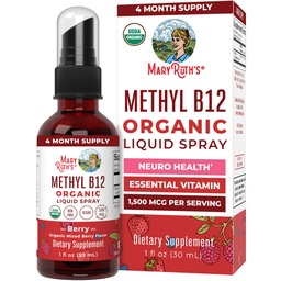 MaryRuth Organics Vitamin B12 Sıvı yapıştırıcısı | Vegan, Non-GMO, Gluten-Free | USDA Organic Supplement | Energy & Nervous System Support | B12 Vitaminleri Kadınlar ve Erkekler için | 1. Fl Oz