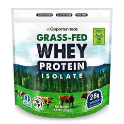 Opportuniteas Grass Fed Whey Isolate Protein Powder – Unflavored, Heavy-Metal Tested, 28g Protein, Sourced from Ireland, Hormone-Free, Non-GMO, Packaged in USA – 2.5lb