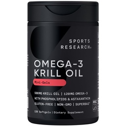 Sports Research Krill Oil Supplement with EPA & DHA Omega 3, Phospholipids & Astaxanthin from Antarctic Krill - Highest Concentration of Krill Oil for Men & Women - 500mg, 120 Softgel Capsules
