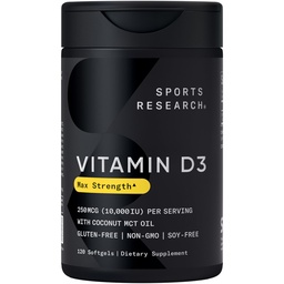 Spor Araştırması 10.000 iu Vitamin D3 Organik Buhar Yağı ile Tamamlanan - Güçlü Kemikler ve Immune Health için D vitamini - Desteksorun - Non-GMO - 250mcg, 120 Mini Yumuşakgels for Yetişkinler