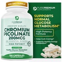 PurePremium Chromium Picolinate 200mcg - High Potency Chromium Supplements - Essential Mineral Health Support for Men/Women - Gluten-Free - 3 Months Supply - 100 Capsules